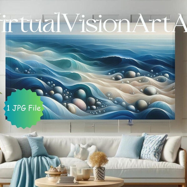 Soothing Ocean Waves and Seashells Art for Samsung Frame TV - Instant Download, Abstract Blue Seascape, Calming Beach Decor, Unique Seaside