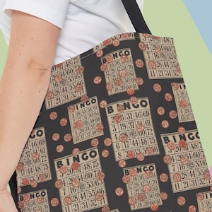 Bolso de hombro con diseño de bingo para accesorios de noche de bingo, bolso de compras de inspiración vintage con estampado de tarjeta de bingo, premio o regalo para reinas del bingo