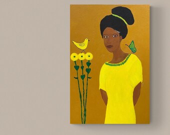 Large Afrocentric Art, Yellow Teal, Flowers Bird Butterfly Art, Surreal Art