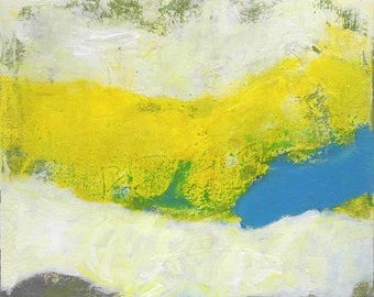 Abstract Landscape Painting, Yellow Blue Grey Teal, 11x14 Wrapped Canvas, Modern Boho Decor