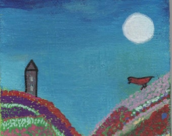 Night Sky Whimsical Landscape Painting, Acrylics on 4 x 6 Inch Canvas Panel