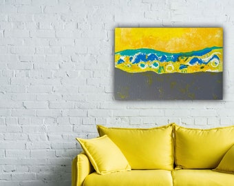 Large Abstract Painting, Yellow Gray Teal