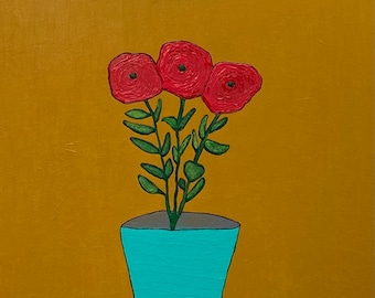 Original Floral Painting, Red Flowers With Teal Vase