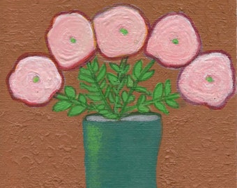 Small Original Floral Painting, Pink Flowers With Teal Vase Wall Art, 5 x 7 inches