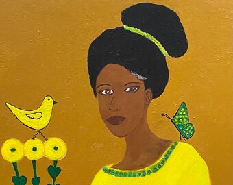Large Afrocentric Art, Yellow Teal, Flowers Bird Butterfly Art, Surreal Art