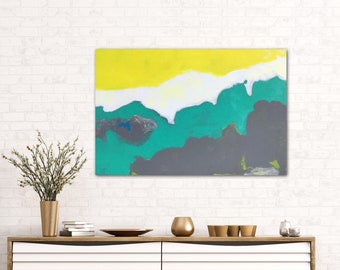 Large Painting, Yellow Teal White Gray, Abstract Painting