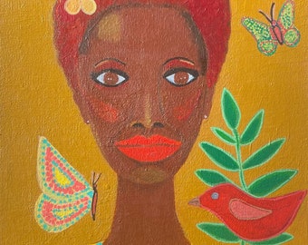 Small Painting, Woman with Butterfly and Bird Art, Yellow Teal Red, Black Woman Art