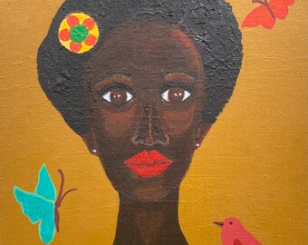 Woman with Butterfly and Bird Art, Yellow Teal Red, Black Woman Art