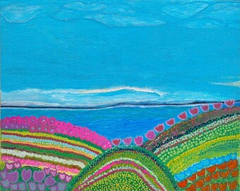 Small Whimsical Landscape Tulip Painting, 8 x 10 inches