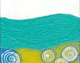 Yellow Teal White Circles Abstract Painting Mixed Media Original Small Art
