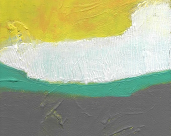 Abstract Painting, Mixed Media Original Small Art, Yellow White Teal
