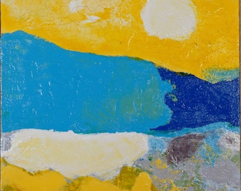 May include: Abstract landscape painting with a bright yellow sky and a large white sun. The painting features a blue body of water and a mountain range in shades of blue and gray. The foreground is yellow and white.