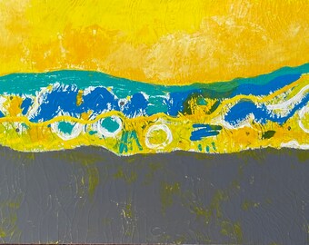 Large Abstract Painting, Yellow Gray Teal