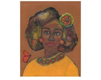 Afrocentric Small Painting, Woman with Butterfly Art, Yellow Teal Red, Canvas Wall Art