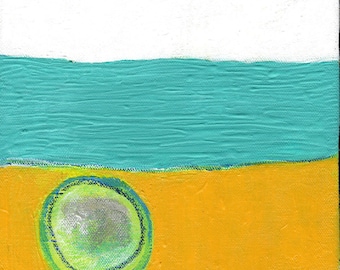 Canvas Art Collectibles White Teal Yellow Circles Grey Abstract Painting Mixed Media Original Small Art