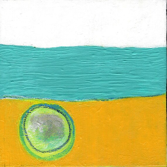 Teal Yellow Grey Abstract Circle Painting, 8x8 Mixed Media Canvas Original, Small Textured Wall Art, Modern Boho Decor by Betty Refour