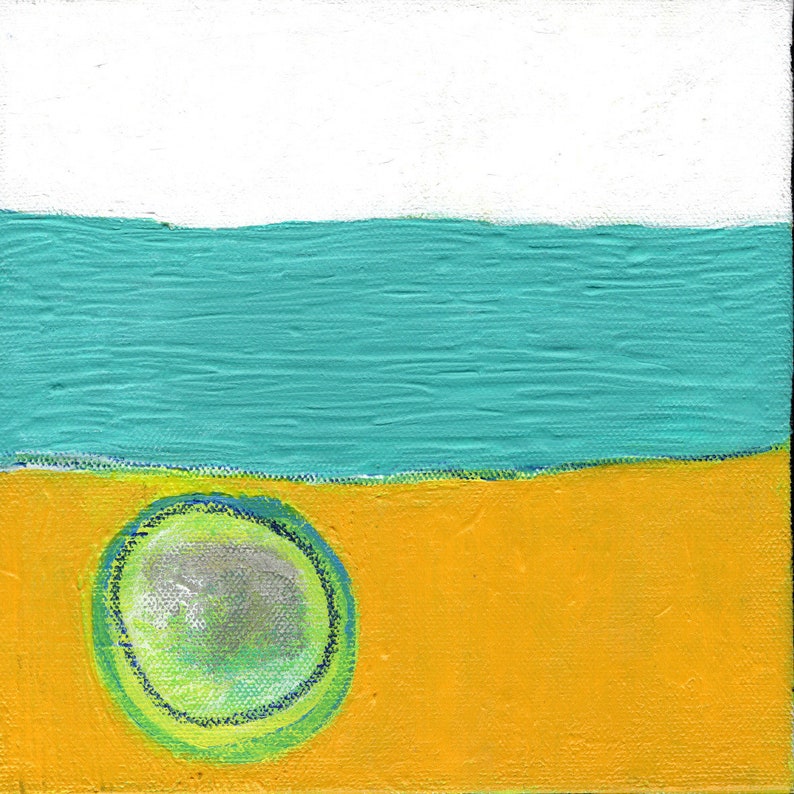 May include: Abstract painting with a white background, a turquoise blue stripe, and a yellow stripe with a green circle in the center.