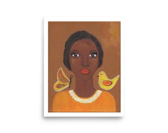 Afrocentric Poster Art Print, Black Woman with Bird & Butterfly Portrait, African American Womanhood Symbolism, Empowering Diaspora Artwork