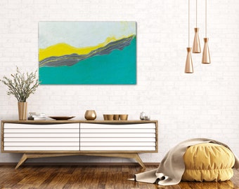 Large Teal White Yellow Gray Abstract Art Painting
