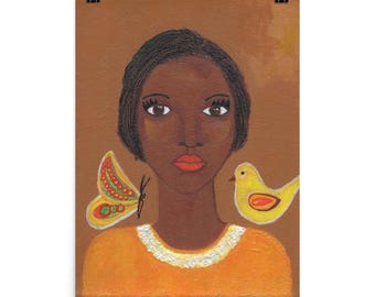 Afrocentric Poster Art Print, Black Woman with Bird & Butterfly Portrait, African American Womanhood Symbolism, Empowering Diaspora Artwork