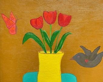 Original Bird Butterfly and Tulip Art