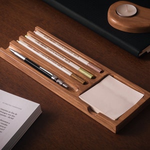 Handgemaakte houder voor plaknotities, houten bureau-organizer, pen potlood post-it-lade, kantoor collega organisatie, professor cadeau, moderne post-it