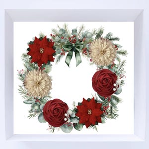 May include: A festive Christmas wreath featuring red poinsettias, cream-colored chrysanthemums, and deep red roses. The wreath is adorned with green foliage, red berries, and a green satin bow. The wreath is set against a white background.
