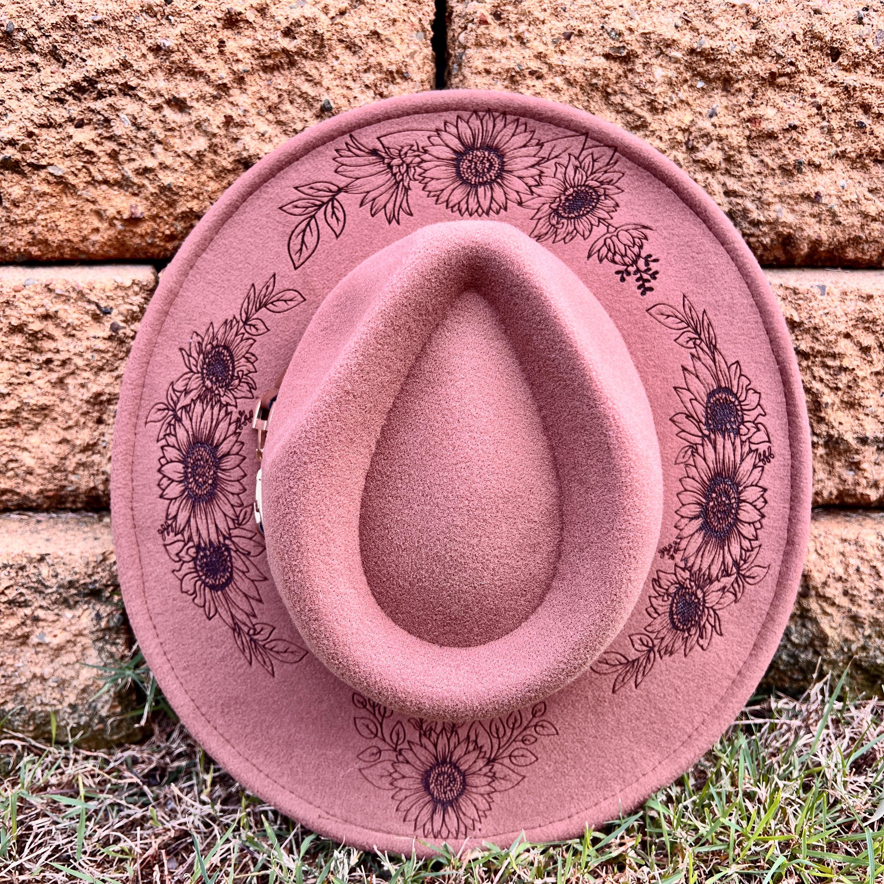 Engraved Burnt Wide Brim Fedora Hat Sunflowers Design Chocolate Brown