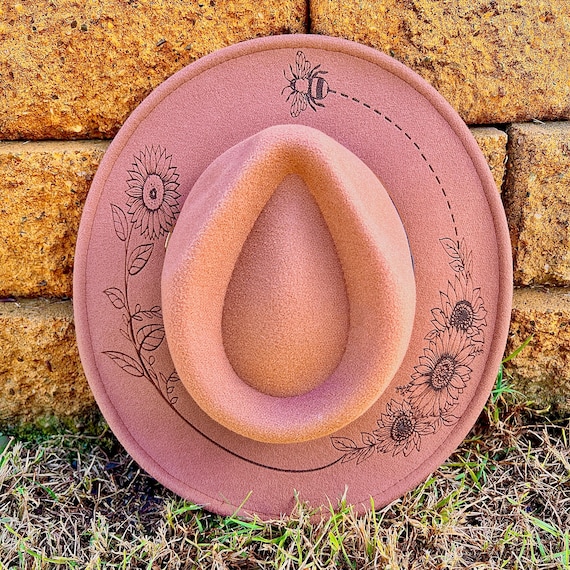 Engraved Burnt Wide Brim Fedora Hat Sunflowers Bee Design Chocolate Brown