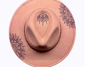 Engraved Burnt Wide Brim Fedora Hat Mandala Design Chocolate Brown