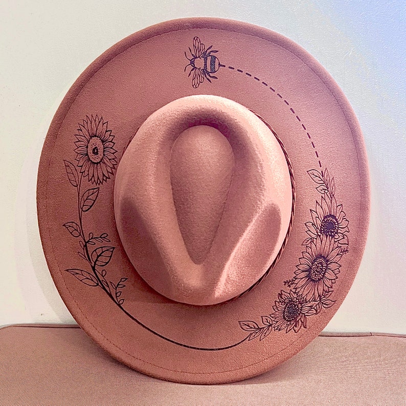 Engraved Burnt Wide Brim Fedora Hat Sunflowers Bee Design Chocolate Brown