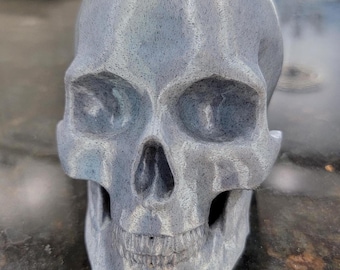 May include: A light gray skull-shaped planter with a small green succulent plant. The planter has a detailed, textured surface and a black plastic pot. The plant has small, round green leaves.