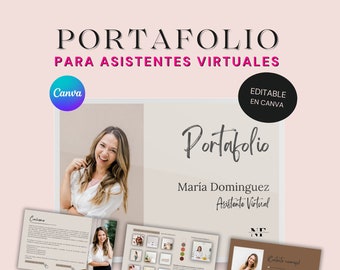 Plantilla de portafolio para asistente virtual editable en canva, Plantilla profesional minimalista beige descargable para asistente virtual