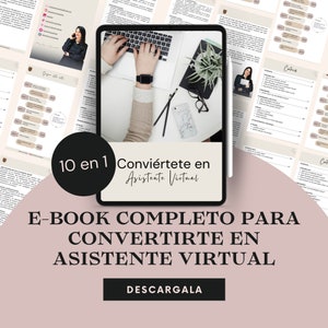 Puede incluir: Un gráfico rosa y blanco con el texto "10 en 1 Conviértete en Asistente Virtual" y "E-BOOK COMPLETO PARA CONVERTIRTE EN ASISTENTE VIRTUAL DESCARGALA". El gráfico presenta un ordenador portátil, un teléfono móvil, un lápiz y una planta.