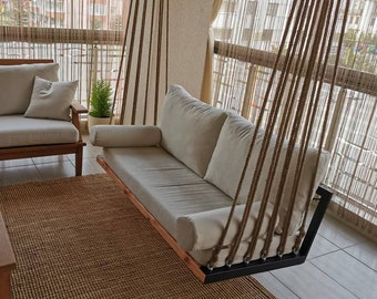 Garden porch swing sofa , jute rope swing bed, wooden swing sofa, indoor outdoor