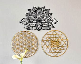 Mandala Lotus Flower Metal Wall Art: Sacred Geometry Set of 3