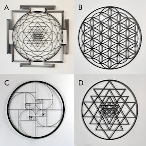 Sri Yantra Flower of Lİfe Golden Ratio Sacred Geometry Set Black Metal Wall Art Modern Home Decor Yoga Meditation Spiritual Gift