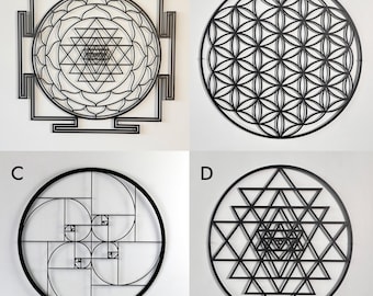 Sacred Geometry Metal Wall Art Set Sri Yantra, Flower of Life, Golden Ratio