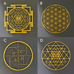 Sri Yantra Flower of Life Golden Ratio Sacred Geometry Set Gold Metal Wall Art Home Office Decor Yoga Meditation Spiritual Gift