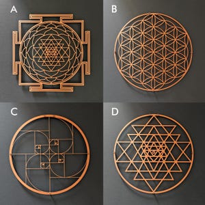 Sri Yantra Flower of Life Golden Ratio Sacred Geometry Set Copper Metal Wall Art Home Office Decor Yoga Meditation Spiritual Gift