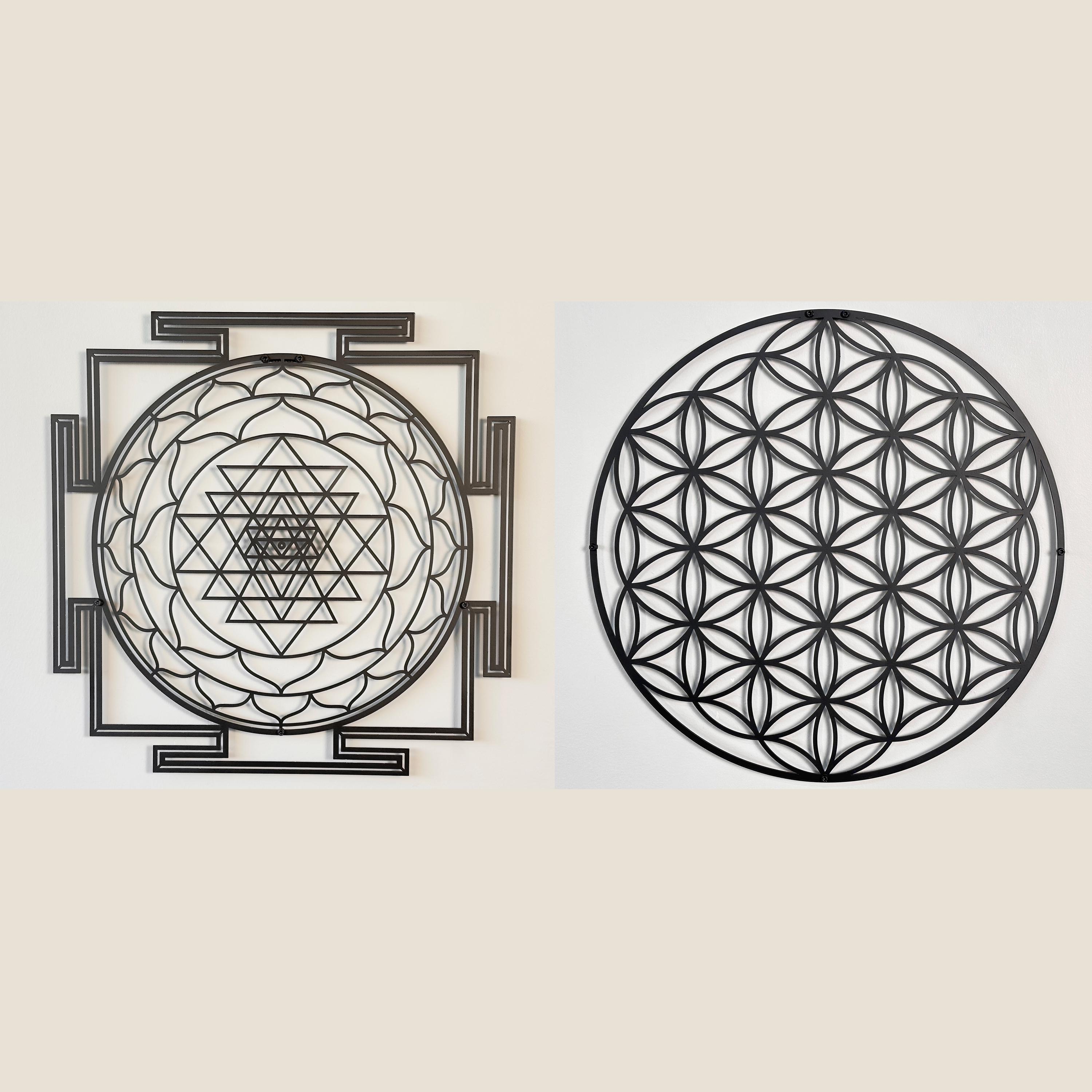 Sacred Geometry Metal Wall Art Set Sri Yantra, Flower of Life, Golden ...