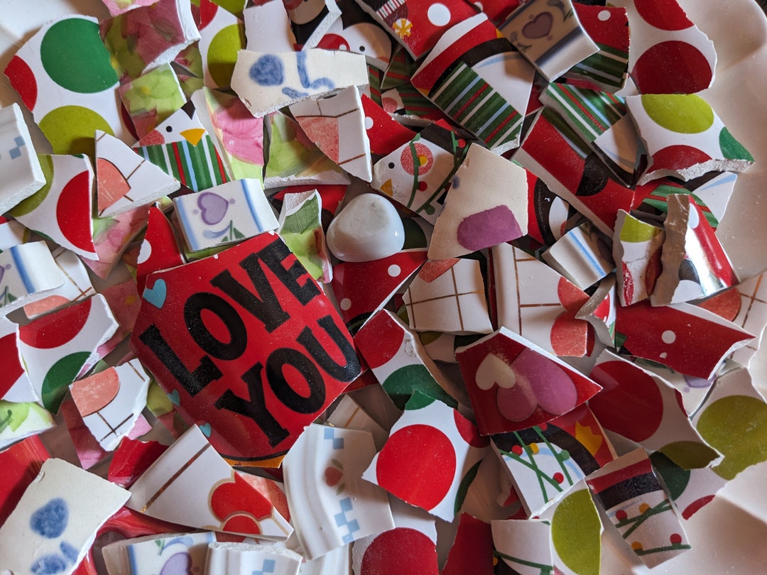 Mosaic Tiles Broken Plate Hand Cut Cups Hearts Love Red Green Etsy