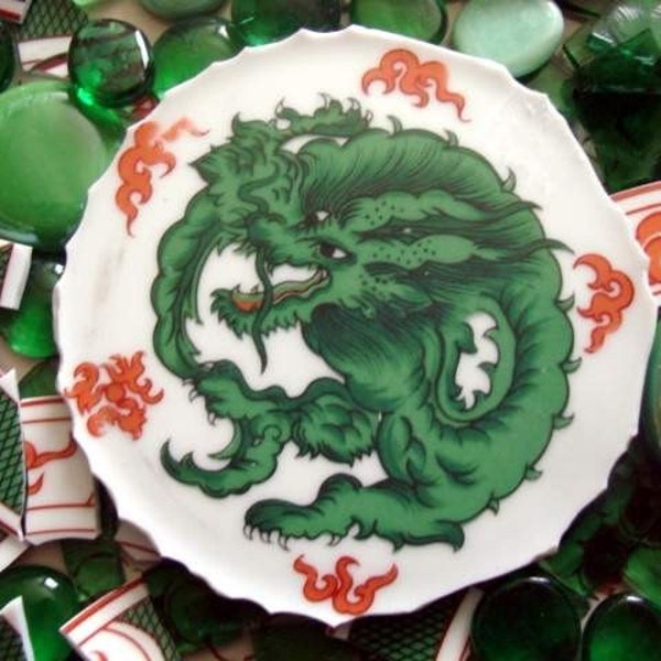 Mosaic Tiles Killer Asian Green Dragon Plate Tesserae