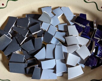 Blue Mosaic Tiles  Solid Color Mix Gray Blue hand cut from Broken Plates