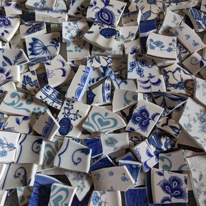Mosaic Tiles Broken Plate Hand Cut Blue White Mix Vintage Flower image 2