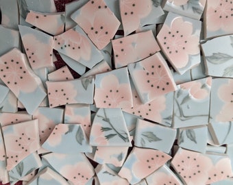 Mosaic Tiles Hand Cut Blue Tiles with White Pink Flowers