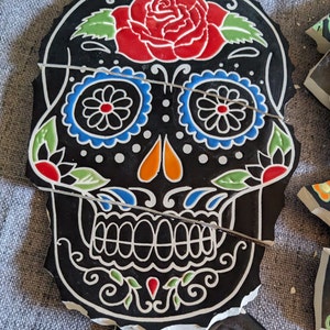 Mosaic Tiles Broken Plate Hand Cut day of the dead Skull Flowers on Black image 5