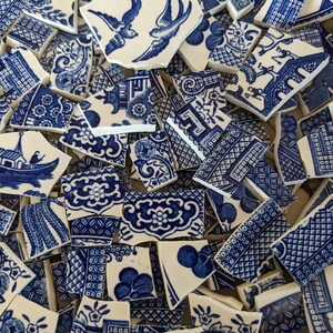 Mosaic Tiles Blue Willow love birds pagoda broken Plate Vintage Tile image 2