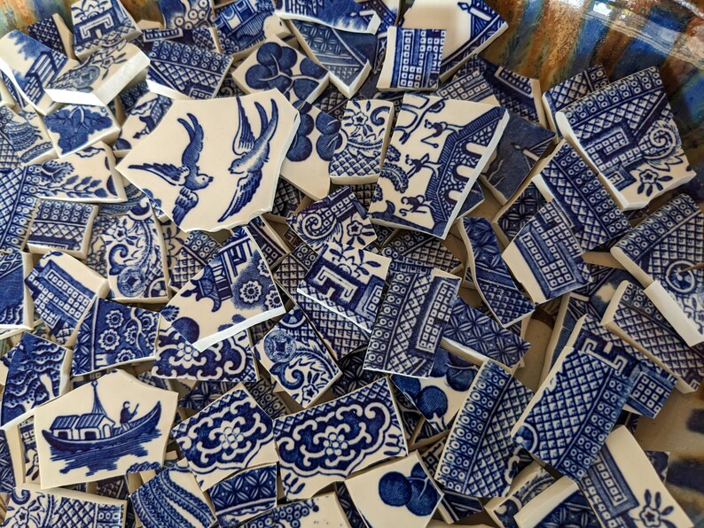 Mosaic Tiles Blue Willow love birds pagoda broken Plate Vintage Tile image 1