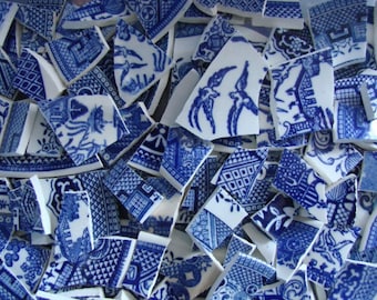 Mosaic Tiles Broken Plates Blue Willow Transferware Vintage Birds